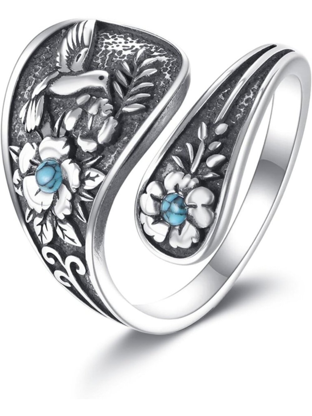 Turquoise Floral Spoon Ring - 925 Sterling Silver Adjustable Vintage Band